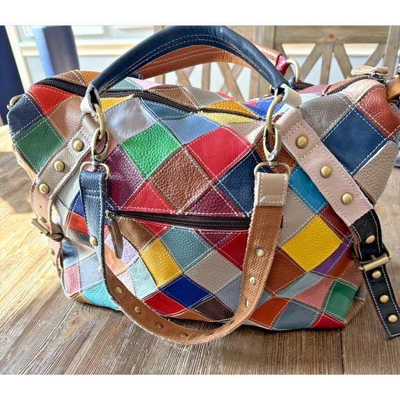 Genuine Leather Color Purse bohemian Handbag duffle studded patchwork quilt tote - Picture 5 of 9